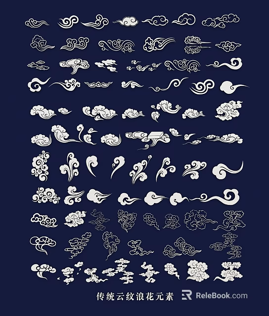 Traditional White Cloud Patterns Wall Decor With Intricate Designs On Dark Blue Background 3d model