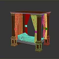 Wooden Four Poster Bed With Red Curtains And Red Gold Patterned Mattress