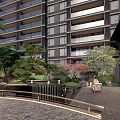 Residential Landscape Courtyard With High Rise Building Pine Tree Water Feature And Stone Bridge