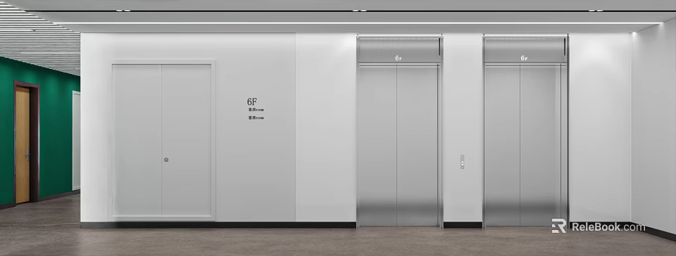 Elevator Lobby With Silver Elevator Doors White Walls And 6F Floor Sign 3d model