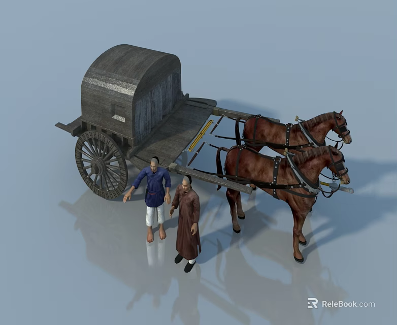 Ancient Carriage Pulled by Two Brown Horses with Two People in Blue and Brown Clothing 3d model 