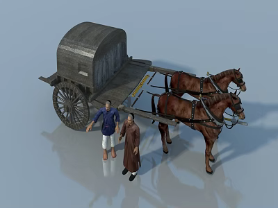 Ancient Carriage Pulled by Two Brown Horses with Two People in Blue and Brown Clothing 3d model