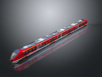 Modern Red Train With Silver Accents And Multiple Carriages In Sleek Design On Reflective Surface 3d model