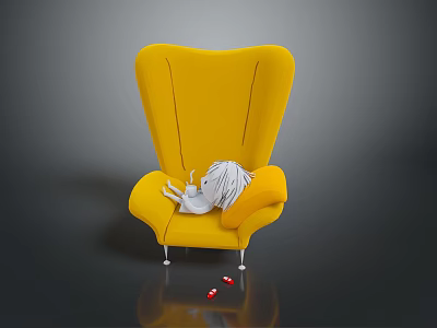 Yellow Chair Modern Design With White Doll Resting On Seat And Red Dice Beside It 3d model
