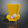 Yellow Chair Modern Design With White Doll Resting On Seat And Red Dice Beside It