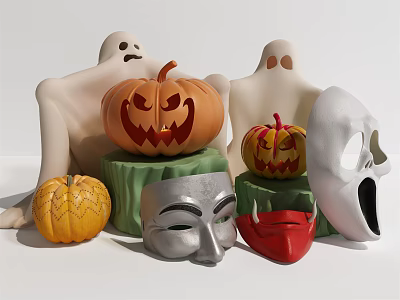 Halloween Themed Decorative Ornament Set with Pumpkins Ghosts and Masks 3d model