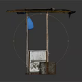 Simple Street Vendor Stall With White Concrete Base Wooden Plank Roof And Blue Bag