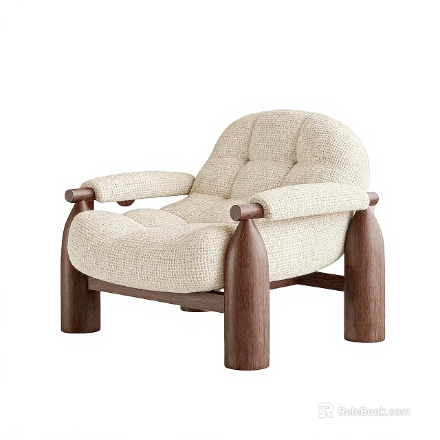 Modern Beige Fabric Leisure Chair With Dark Brown Wooden Arms And Legs 3d model 