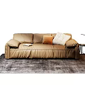 Stylish Brown Leather Three Seater Sofa With Pillows And Magazine On Rug Near Side Table