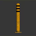 Yellow Safety Bollard With Black Stripes And Weathered Surface On Gray Background