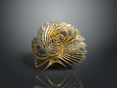 Golden Spiral Metallic Sculpture With Intricate Folded Design And Shiny Surface On Dark Reflective Background 3d model