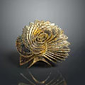 Golden Spiral Metallic Sculpture With Intricate Folded Design And Shiny Surface On Dark Reflective Background