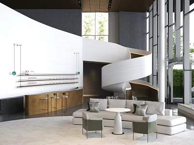Modern Casual Lounge Area With Sofa Chairs Round Table Spiral Staircase And Large Windows 3d model