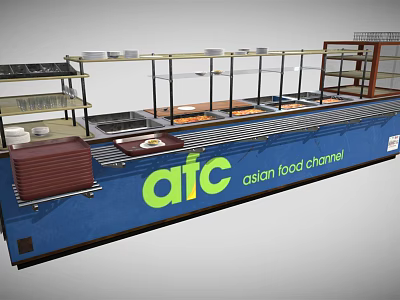 Display Shelves For AFC Asian Food Channel With Multiple Tiers And Food Items 3d model