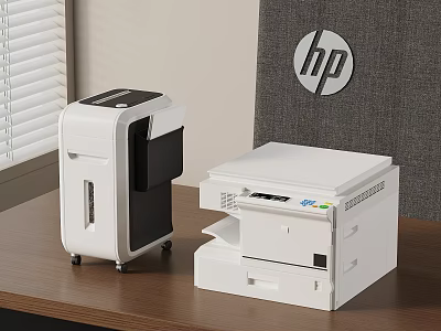 HP Office Appliances Including Multifunction Printer And Shredder On Wooden Desk 3d model