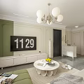 Modern Living And Dining Room With White Sofa Green Cushions Round Coffee Table And Chandelier