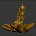 Golden Buddha Sculpture Carving With Intricate Carved Details Holding Sword On Lotus Base