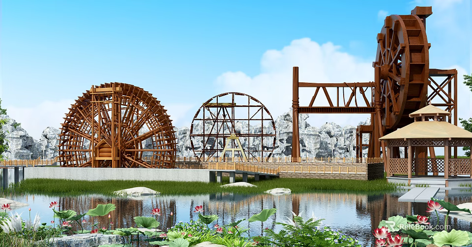 Garden Ornaments Scene With Water Wheels Rockery Pond Lotus And Green Plants 3d model 