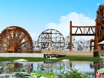 Garden Ornaments Scene With Water Wheels Rockery Pond Lotus And Green Plants 3d model