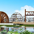 Garden Ornaments Scene With Water Wheels Rockery Pond Lotus And Green Plants