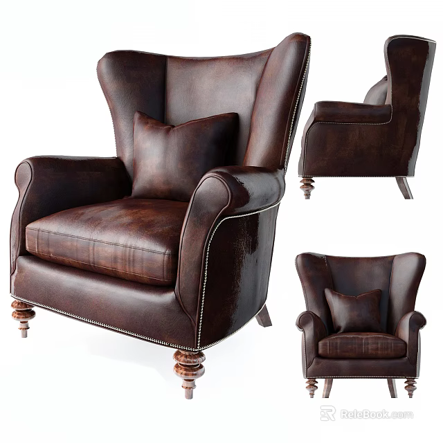 Brown Leather Single Sofa With Comfortable Armrests And Decorative Wooden Legs 3d model 
