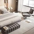 Modern Double Bed Room Interior Featuring Striped Blanket Pillows Nightstands Armchair Window And Wooden Floor