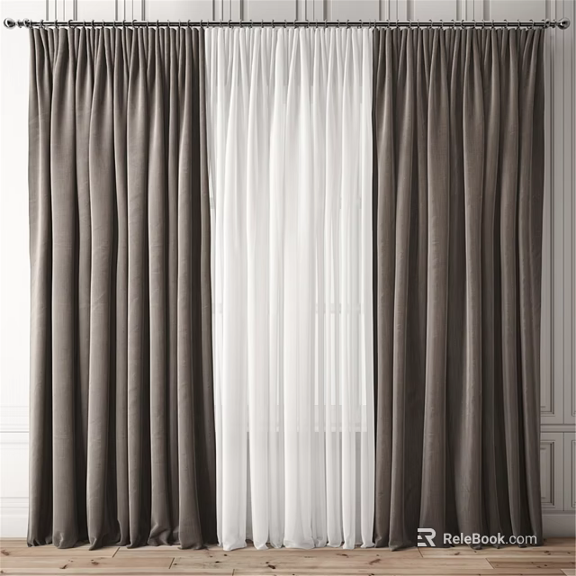 Elegant Brown And White Pleated Curtains With Sheer Panels For Indoor Wall Decor 3d model 