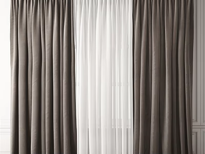 Elegant Brown And White Pleated Curtains With Sheer Panels For Indoor Wall Decor 3d model