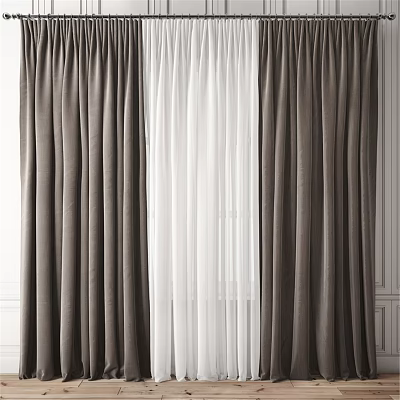 Elegant Brown And White Pleated Curtains With Sheer Panels For Indoor Wall Decor 3d model