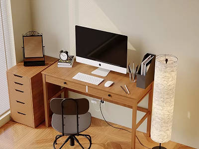Modern Desk Setup With Computer Monitor Keyboard Mouse Drawer Cabinet Ergonomic Chair And Floor Lamp 3d model