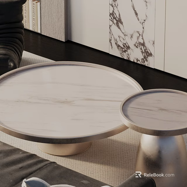 Elegant Sofa Coffee Table Set With Round Marble Tops And Metal Bases 3d model