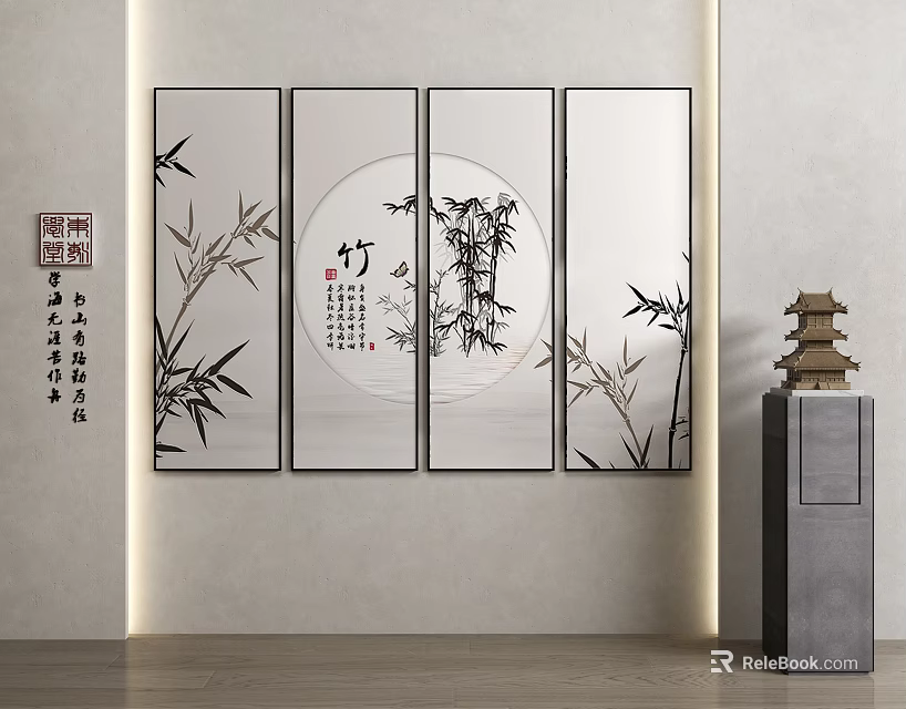 Bamboo Plant Paintings Chinese Style Four Panel Wall Decor With Circular And Rectangular Leaf Design 3d model