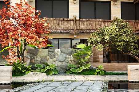 Quiet Homestay Courtyard Landscape Tiger skin Stone Landscape Wall Maple Tree Stone Sick 3d model