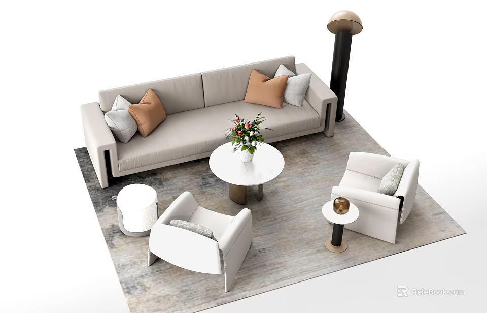 Modern Sofa and Coffee Table Set with Beige Throw Pillows Round Table and White Armchairs 3d model 