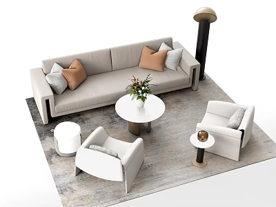 Modern Sofa and Coffee Table Set with Beige Throw Pillows Round Table and White Armchairs 3d model