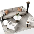 Modern Sofa and Coffee Table Set with Beige Throw Pillows Round Table and White Armchairs 3d model