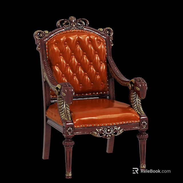 Vintage Leisure Chair With Carved Wood Frame Diamond Tufted Brown Leather And Gold Accents 3d model 
