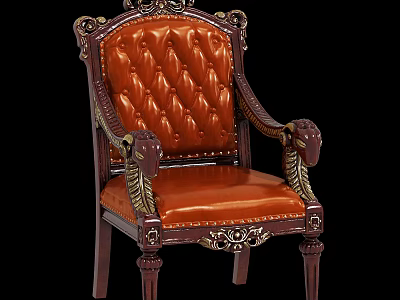 Vintage Leisure Chair With Carved Wood Frame Diamond Tufted Brown Leather And Gold Accents 3d model
