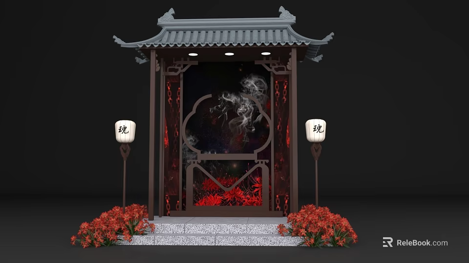 Chinese Style Pavilion Photo Check-in Spot With Gray Roof Black Frame And Dragon Patterned Screen 3d model 