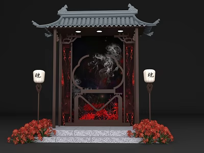 Chinese Style Pavilion Photo Check-in Spot With Gray Roof Black Frame And Dragon Patterned Screen 3d model