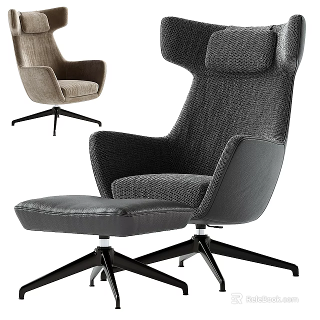 Modern High Back Office Chair With Fabric Upholstery Swivel Base And Leather Footstool 3d model 