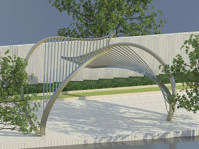Modern Curved Metal Pergola Design With Greenery Trees Stone Pathway And Water Feature 3d model