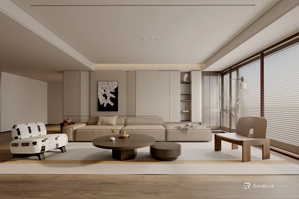 Modern Living Room Interior With Beige Sofa Wooden Coffee Table And Floor To Ceiling Windows 3d model 