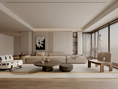 Modern Living Room Interior With Beige Sofa Wooden Coffee Table And Floor To Ceiling Windows 3d model