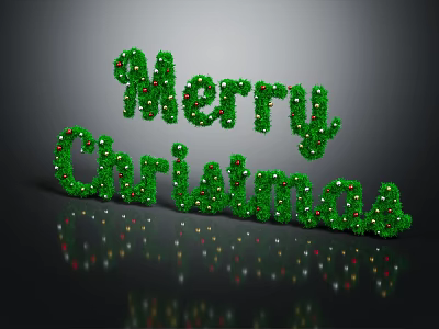 Merry Christmas Green Decorative Text With Red Ornaments And Reflection 3d model