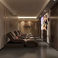 Cozy Modern Entertainment Lounge With Brown Recliners Wooden Walls And Large Screen TV