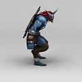 Inflatable Blue Skinned Horned Warrior Character With Red Hair And Armor