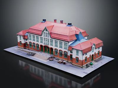 Classic Residential Building With Red Roof White And Red Walls Multiple Windows And Entrance Steps 3d model