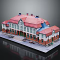Classic Residential Building With Red Roof White And Red Walls Multiple Windows And Entrance Steps
