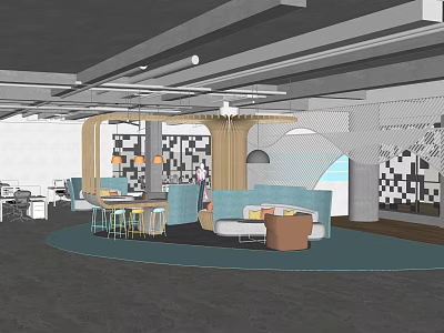 Modern Break Room Interior Design With Lounge Seating Coffee Tables And Decorative Lighting 3d model